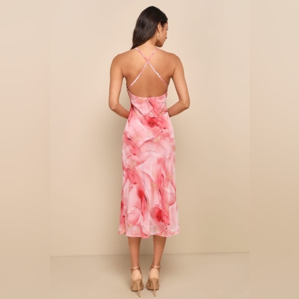 NEW LULUS Bright Charm Pink Abstract Print Chiffon Slip Midi Dress SZ SMALL - Picture 3 of 8